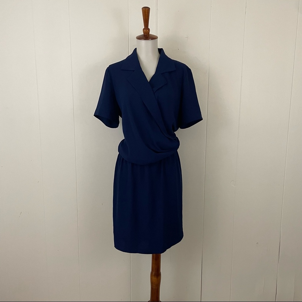 Amanda Uprichard Collared Crossover V-Neck Faux Wrap Short Sleeve Blouson Dress